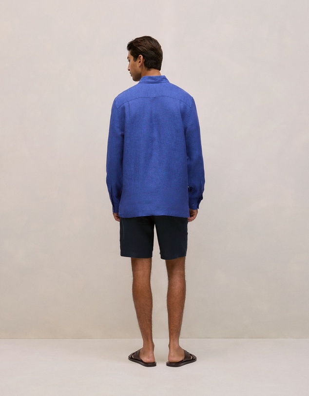 Trenery - Linen End On End Half Placket Shirt in Vivid Blue