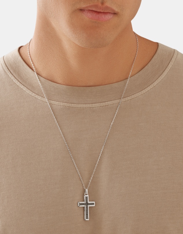 Michael Hill - Men's Silver Cross Necklace with 0.30 Carat TW of Black Diamonds
