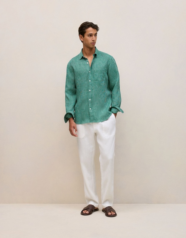 Trenery - Regular Fit Linen Fine Stripe Shirt in Deep Green