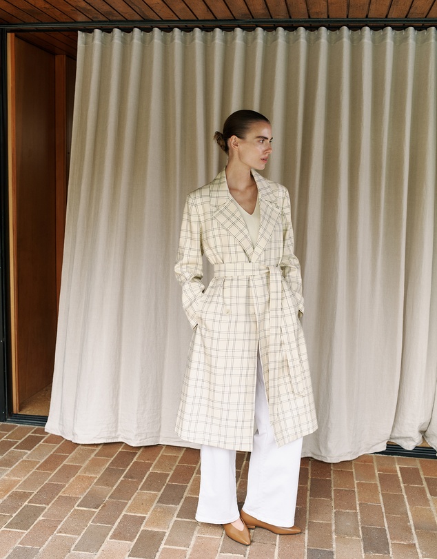 Trenery - Yarn Dyed Check Trench Coat in Fawn