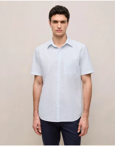 Trenery - Regular Fit Seersucker Stripe Pocket Shirt in Ice Blue