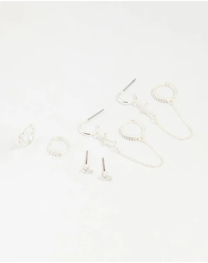 Lovisa - Silver Plated Brass Cubic Zirconia Cross Stud & Chain Earrings 4-Pack