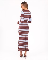 Petal & Pup - Eliana Long Sleeve Midi Dress - Brown Blue Stripe