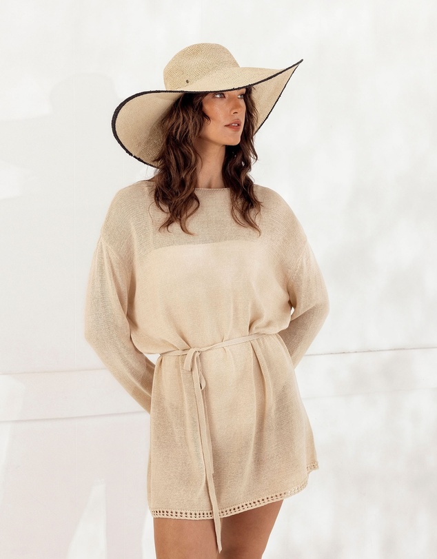 Morgan & Taylor - Raegan Crochet Straw Sun Hat in Natural Beige and Black Stripe