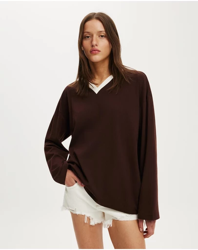 Cotton On - Boxy V Neck Long Sleeve Top