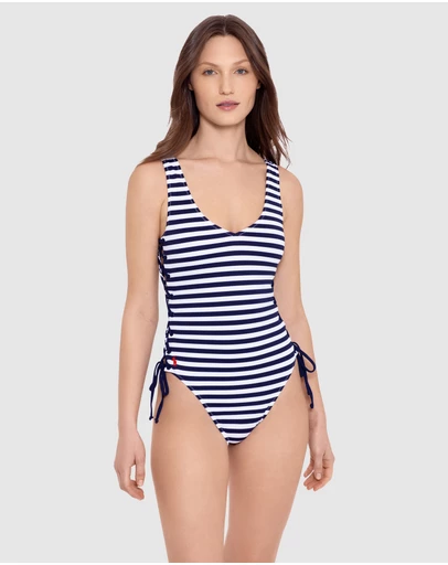 Polo Ralph Lauren - Pique Stripe Lace Up High Leg Low Back Swimsuit