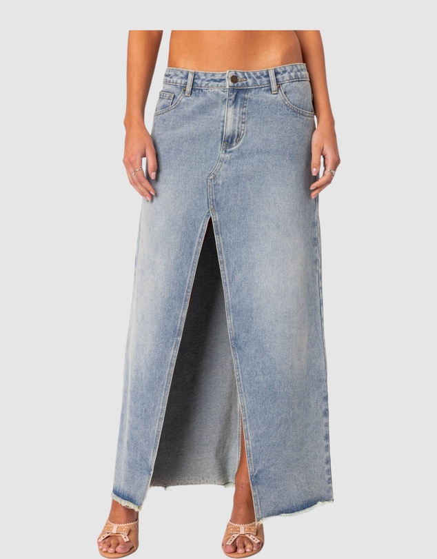 EDIKTED - Front Slit Washed Denim Maxi Skirt