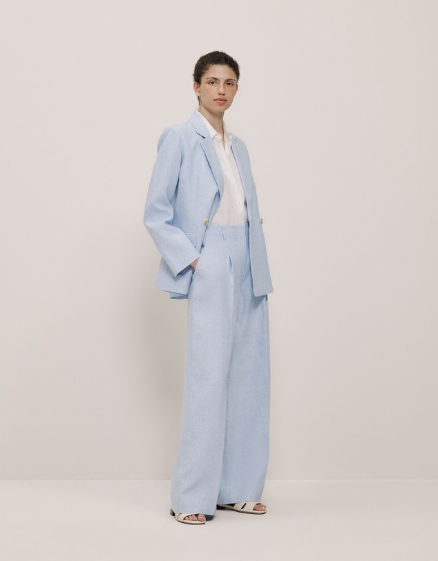 Trenery - Yarn Dyed Linen Pleat Detail Pant in Blue Marble