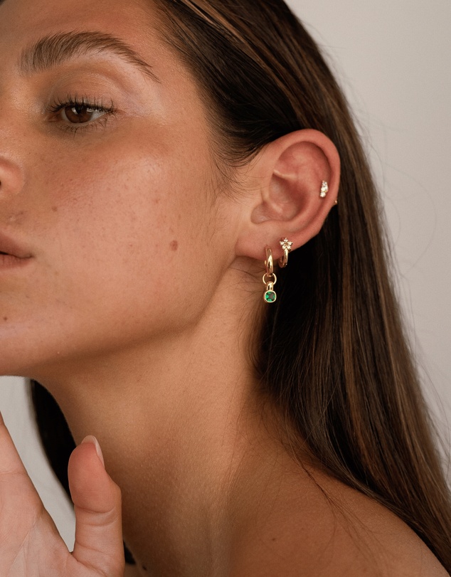 HOUSE OF SLANI - Green Emerald Charm Gold Hoops