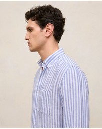 Trenery - Regular Fit Linen Bengal Stripe Shirt in Vivid Blue