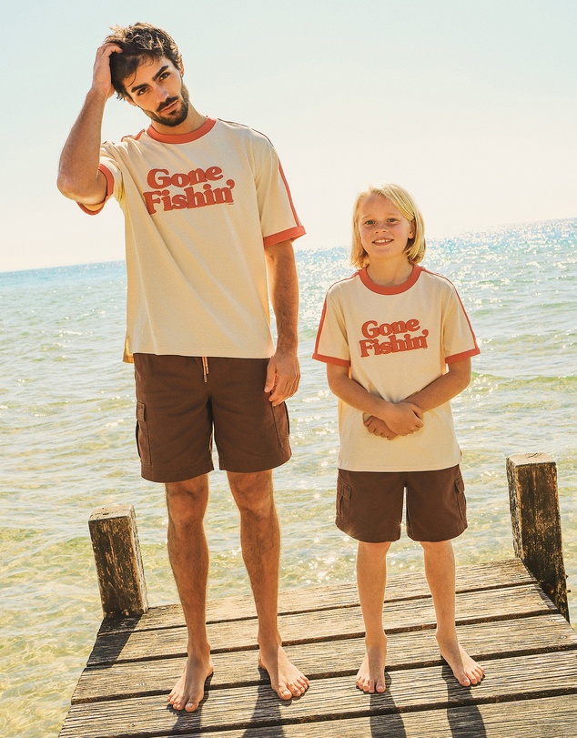 Skwosh - Gone Fishin Kids Boxy Ringer Tee in Off White