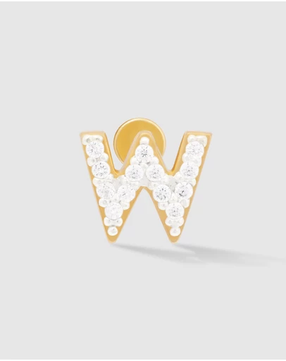 Wanderlust + Co - Alphabet Pave Gold Flat Back Earring - Letter W