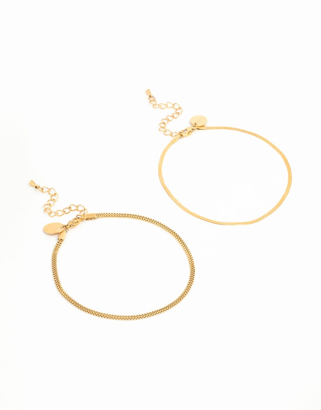 Lovisa - Waterproof Gold Plated Stainless Steel Mixed Snake Chain Anklets 2-Pack