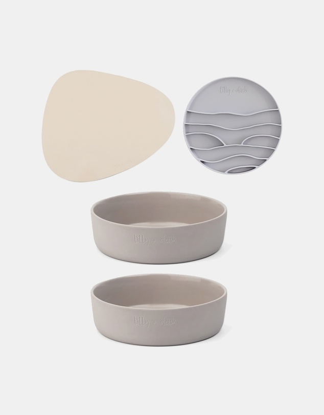 Lilly + Dash - Dog Eat and Drink Set – 2 Bowls + Lick Insert + Sand Placemat Set