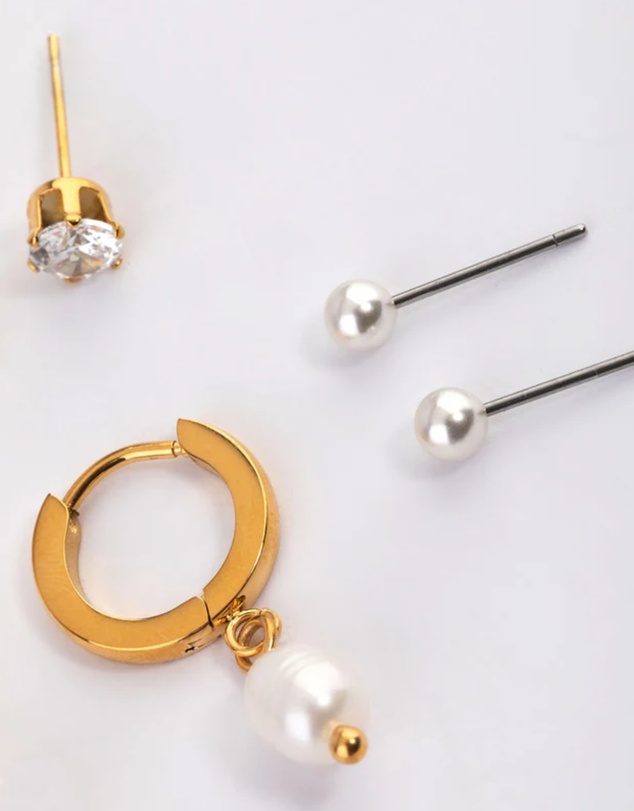 Lovisa - Waterproof Gold Plated Stainless Steel Cubic Zirconia Pearl Drop Huggie Earrings Pack