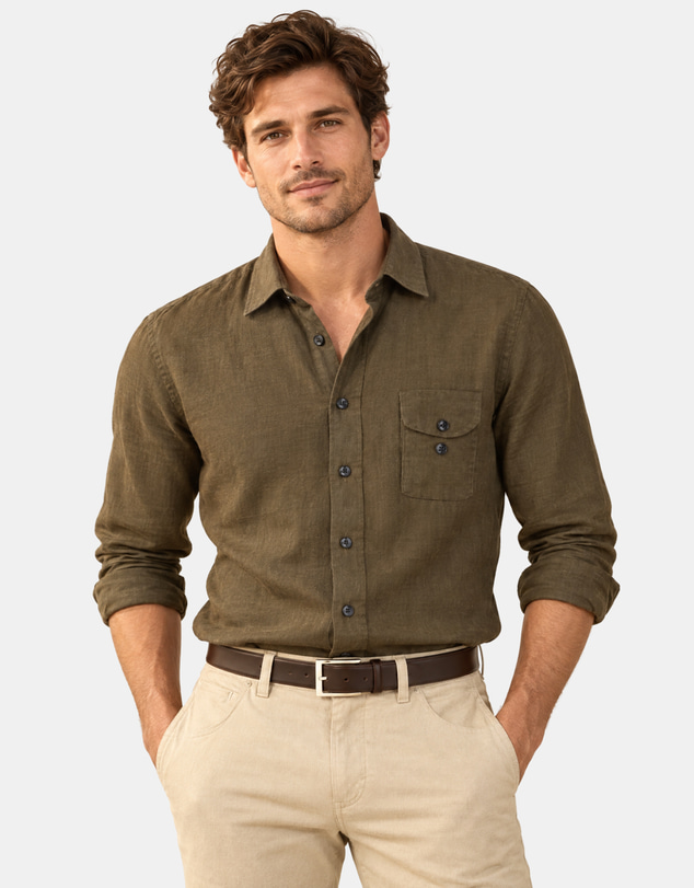 Henry Bucks - HENRY SARTORIAL Linen Classic Fit Shirt OLIVE