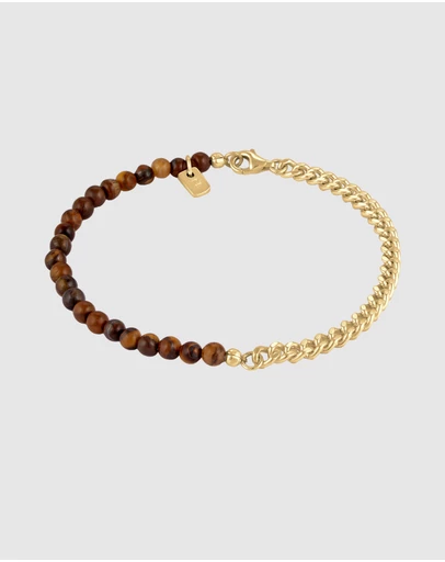 Kuzzoi - ICONIC EXCLUSIVE - Bracelet Male Beads Tigers Eye 925 Sterling Silver Gold Plated