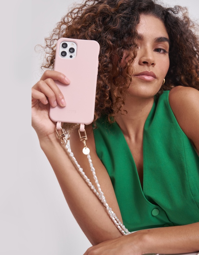 LOUVE COLLECTION - Dusty Pink Phone Case + Pearl Crossbody Chain