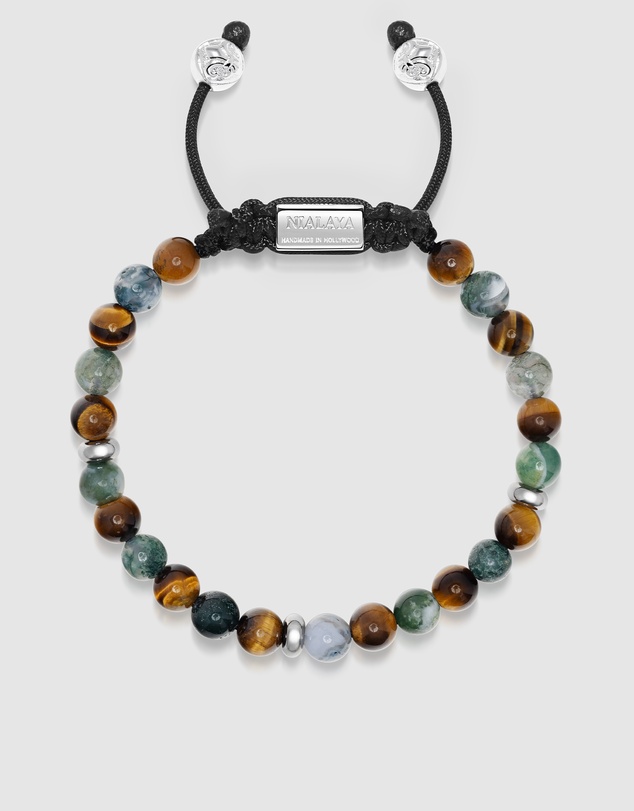 Nialaya Jewellery - Men's Beaded Bracelet with Aquatic Agate, Brown Tiger Eye and Silver