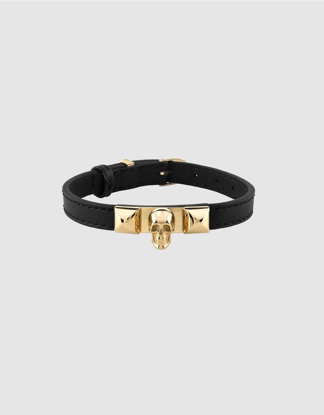 Philipp Plein - PLEIN ENIGMA IP Yellow Gold Skull Black Leather Bracelet