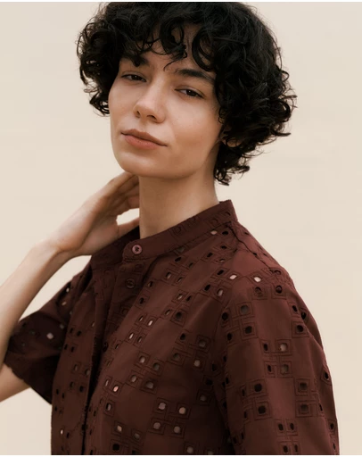 Trenery - Cotton Geo Cutwork Short Sleeve Shirt in Espresso