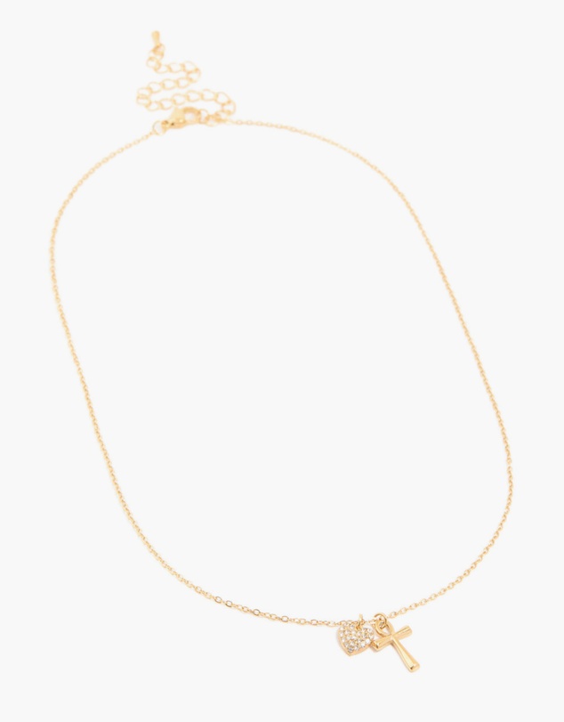 Lovisa - Waterproof Gold Plated Stainless Steel Cubic Zirconia Pave Cross & Heart Pendant Necklace
