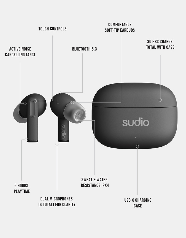 Sudio - A1 Pro - True Wireless Bluetooth 5.3 Headphones/Earbuds, Active Noise Cancelling