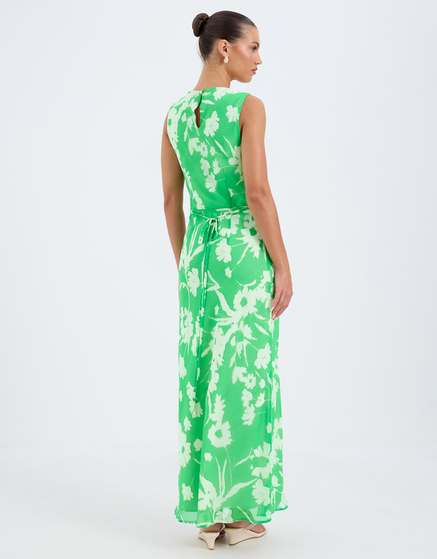 Calli - Aurora Verde Floral Print Bias Boat Neck Midi Dress