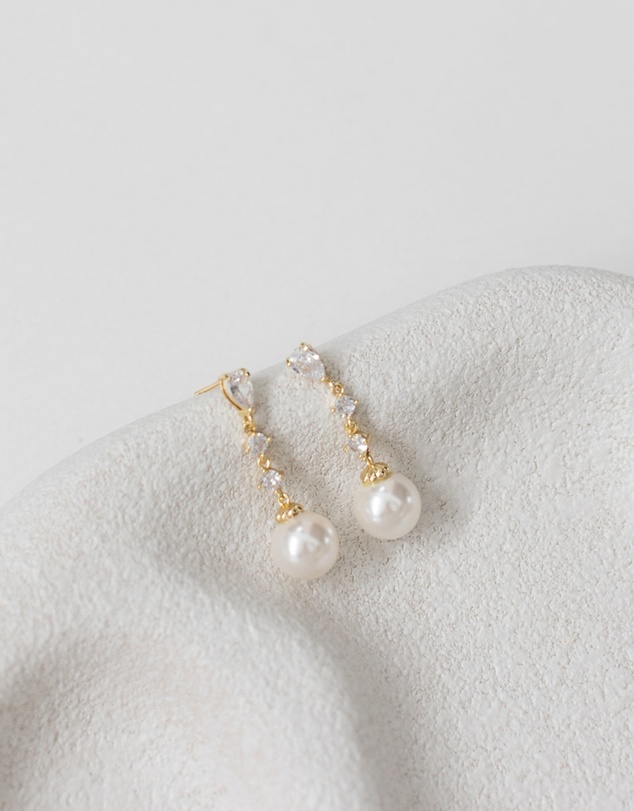 The White Collection - Beatrice - Classic Gold Pearl Bridal Drop Earrings