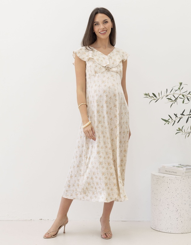 Angel Maternity - Mika Maternity Ruffle Dress in Cream Floral Silky