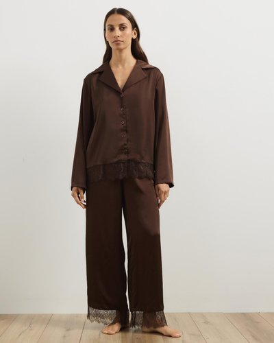 Pearl Lace Trim Long Sleeve Satin Pyjama Set
