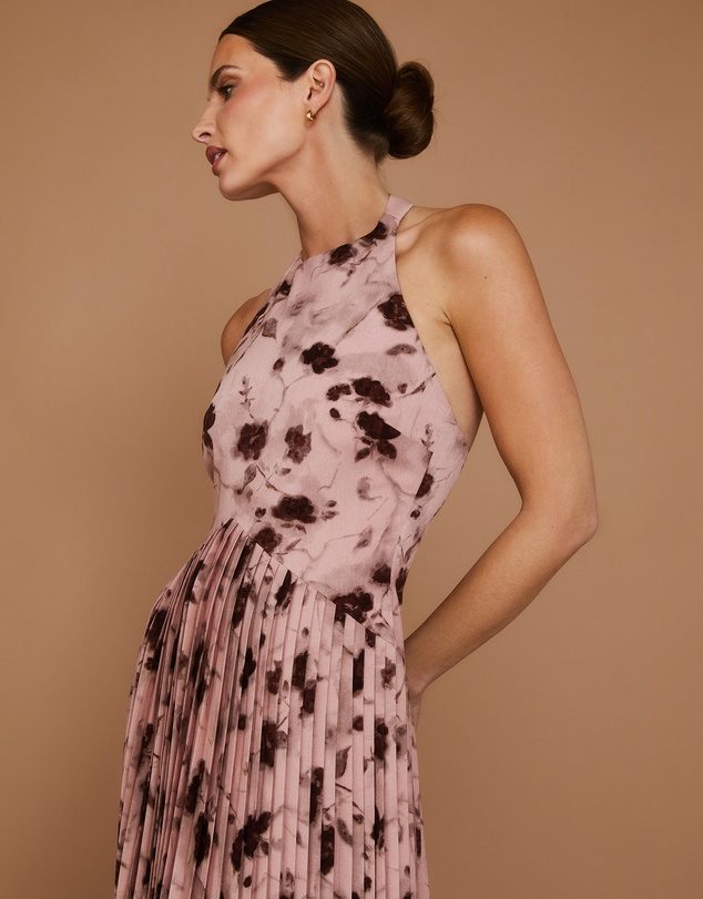 Six Stories - Floral Halter Neck Pleated Ruffle Maxi Dress