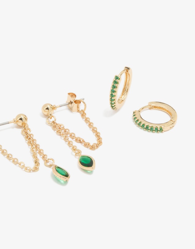 Lovisa - Gold Plated Green Cubic Zirconia Ear Cuff & Huggie Earrings 4-Pack
