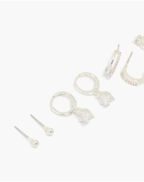 Lovisa - Silver Plated Brass Cubic Zirconia Heart Huggie & Stud Earrings 4-Pack