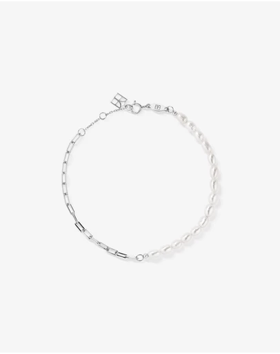 Michael Hill - Half Cultured Freshwater Pearl Half Paperclip Chain Bracelet in Sterling Silver