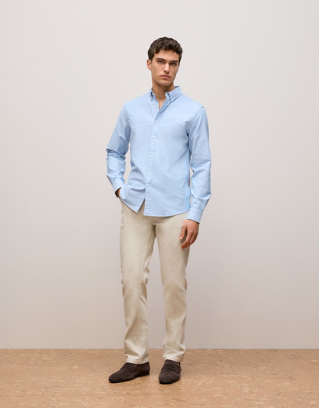 Trenery - Regular Fit Yarn Dyed Cotton Monogram Oxford Shirt in Light Blue