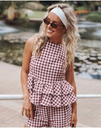 Petal & Pup - Landon Tiered Peplum Top - Burgundy Gingham