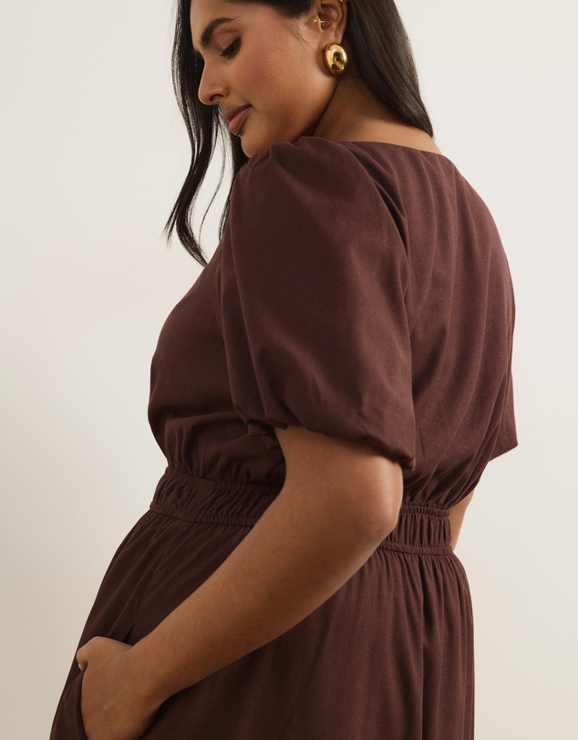 Atmos&Here Curvy - Linen Blend Puff Sleeve Maxi Dress