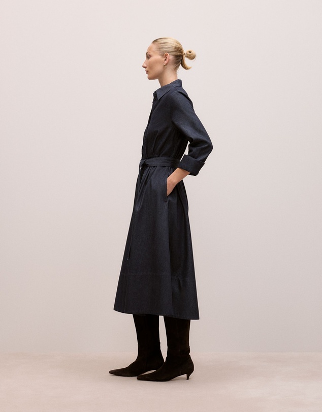Trenery - Denim Pleat Detail Shirt Dress in Dark Indigo