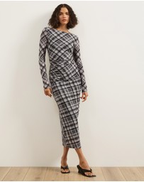 Atmos&Here - Ada Check Printed Mesh Long Sleeve Dress