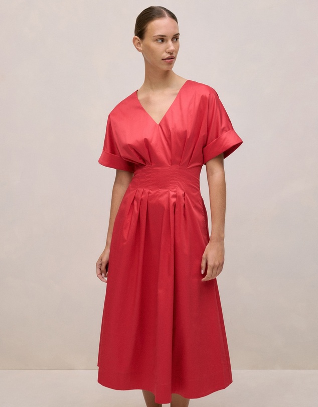Trenery - Cotton Sateen Pleat Waist Dress in Crimson