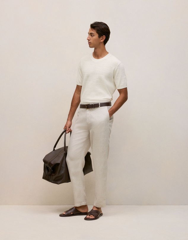 Trenery - Cotton Linen Racking Stitch T-shirt in Parchment