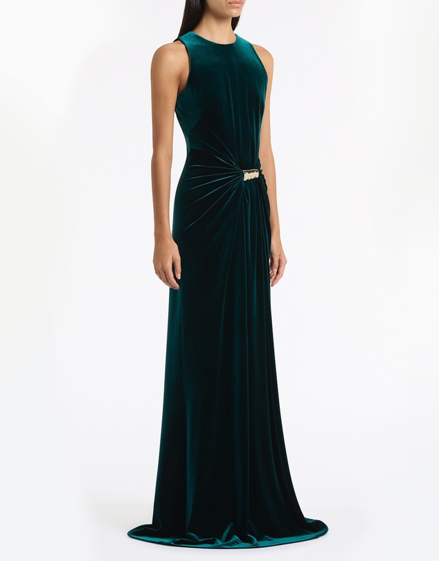 Carla Zampatti - Hunter Green Velvet Gold Detail Maxi Dress