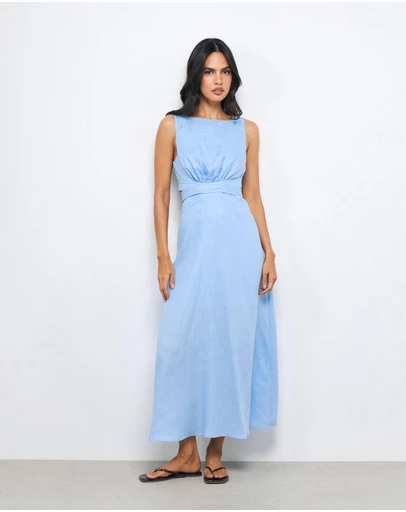 AERE - Zia Contrast Stitch Linen Midi Dress
