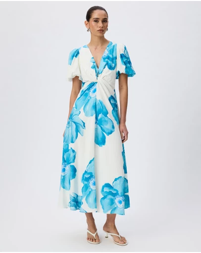 Tussah - Chiara Linen Blend Floral Print Twist Front Puff Sleeve Midi Dress