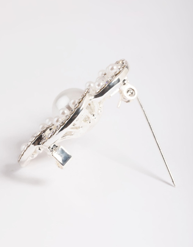 Lovisa - Silver Diamante Pearl Flower Brooch