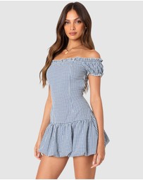 EDIKTED - Gingham Off Shoulder Bubble Mini Dress