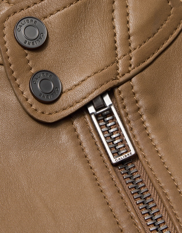 Calibre - Stand Collar Leather Bomber Jacket Camel