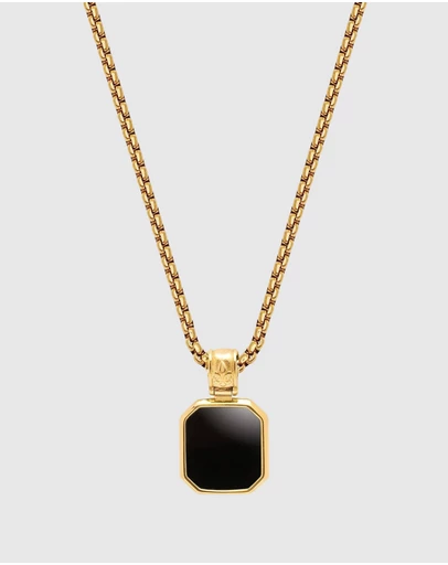 Nialaya Jewellery - Men's Gold Necklace with Square Matte Onyx Pendant