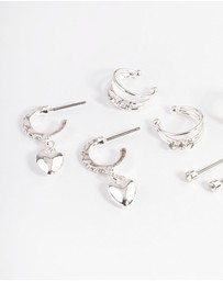 Lovisa - Silver Crystal Puffed Heart Earrings 4-Pack